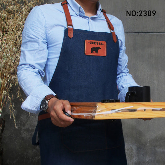 NO:2309 Cowboy Men's Apron with Adjustable Shoulder Strap for Restaurant, Cafe, Customized Logo, Blue Denim Black Cowboy Apron double strap
