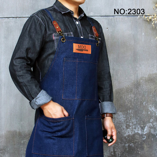 NO:2303 Cowboy Men's Apron with Adjustable Shoulder Strap for Restaurant, Cafe, Customized Logo, Blue Denim Black Cowboy Apron double strap