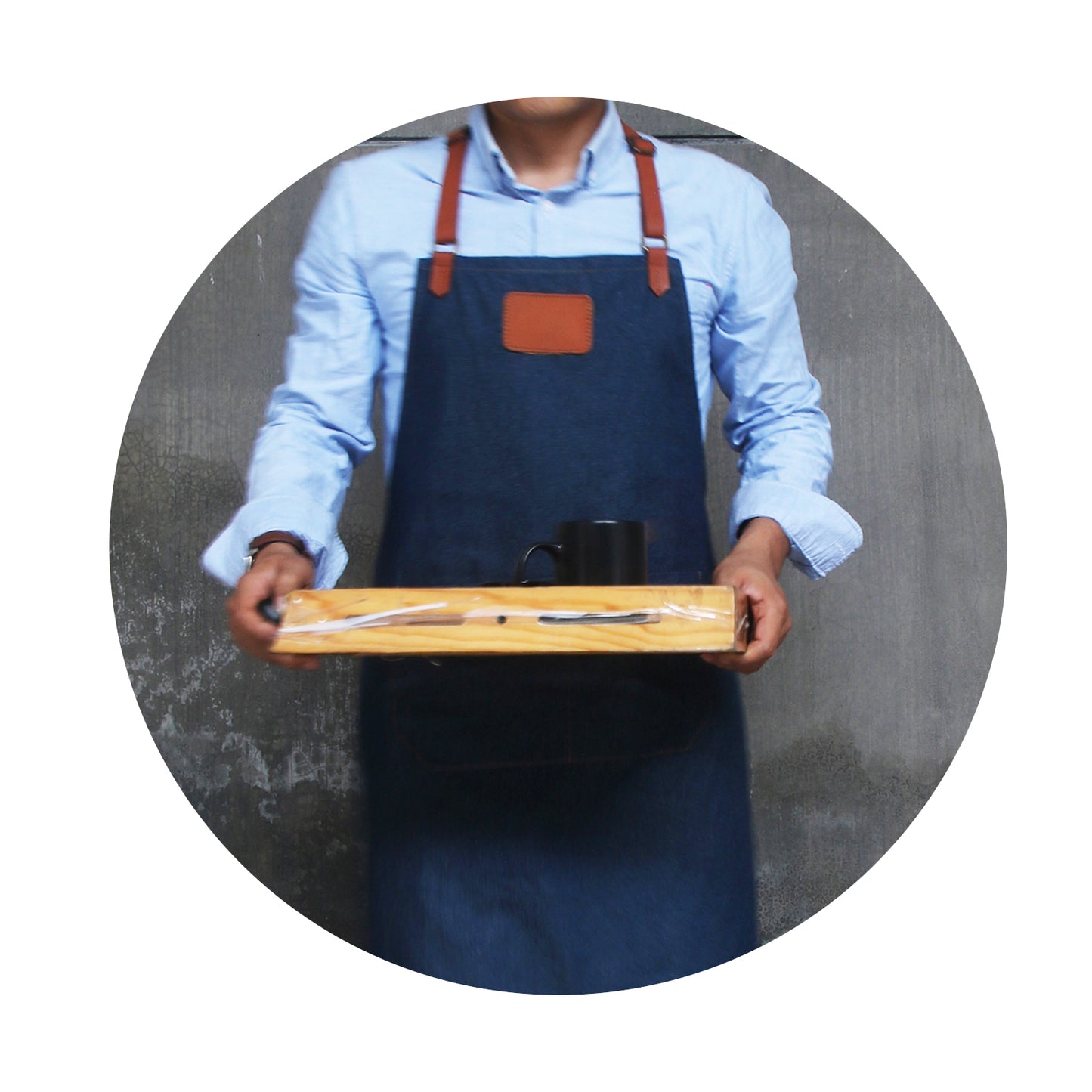 NO:2309 Cowboy Men's Apron with Adjustable Shoulder Strap for Restaurant, Cafe, Customized Logo, Blue Denim Black Cowboy Apron double strap