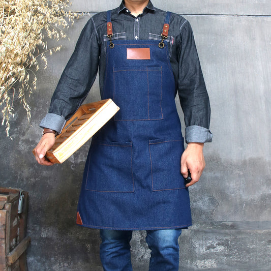 NO:2303 Cowboy Men's Apron with Adjustable Shoulder Strap for Restaurant, Cafe, Customized Logo, Blue Denim Black Cowboy Apron double strap