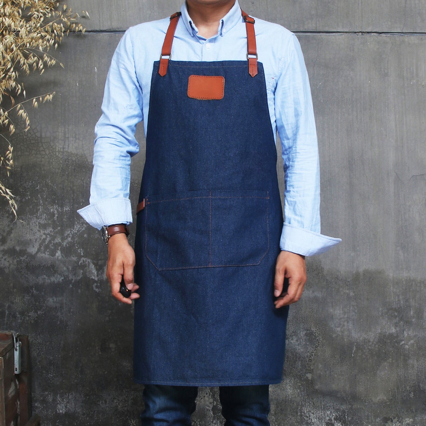 NO:2309 Cowboy Men's Apron with Adjustable Shoulder Strap for Restaurant, Cafe, Customized Logo, Blue Denim Black Cowboy Apron double strap