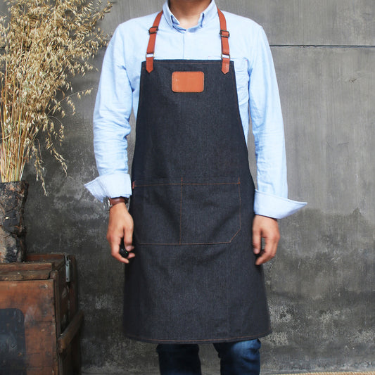 NO:2309 Cowboy Men's Apron with Adjustable Shoulder Strap for Restaurant, Cafe, Customized Logo, Blue Denim Black Cowboy Apron double strap