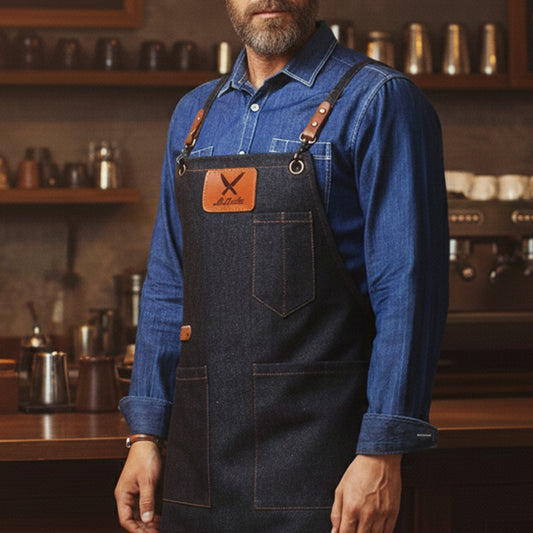 Customizable Heavy-Duty Blue Denim Apron with Adjustable Cross-Back Straps - Men's Shop & Barista Workwear