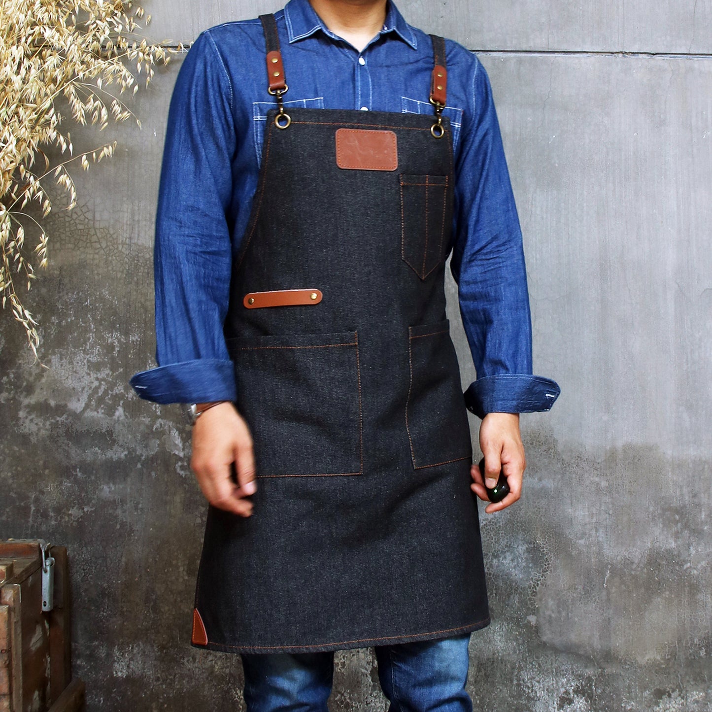 NO:2302 Cowboy Men's Apron with Adjustable Shoulder Strap for Restaurant, Cafe, Customized Logo, Blue Denim Black Cowboy Apron double strap
