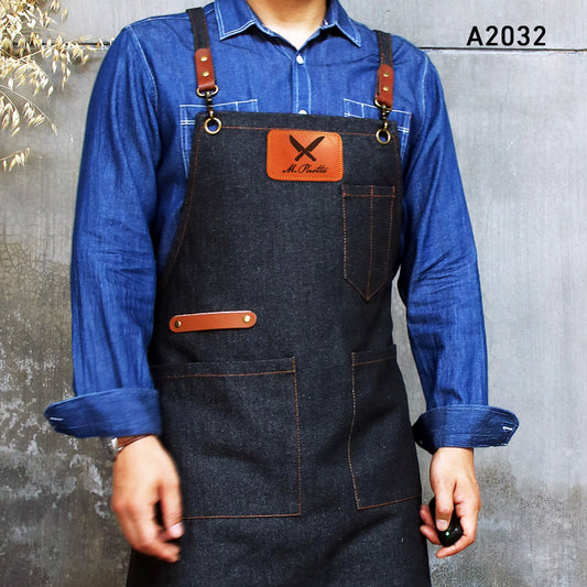 Customizable Heavy-Duty Blue Denim Apron with Adjustable Cross-Back Straps - Men's Shop & Barista Workwear