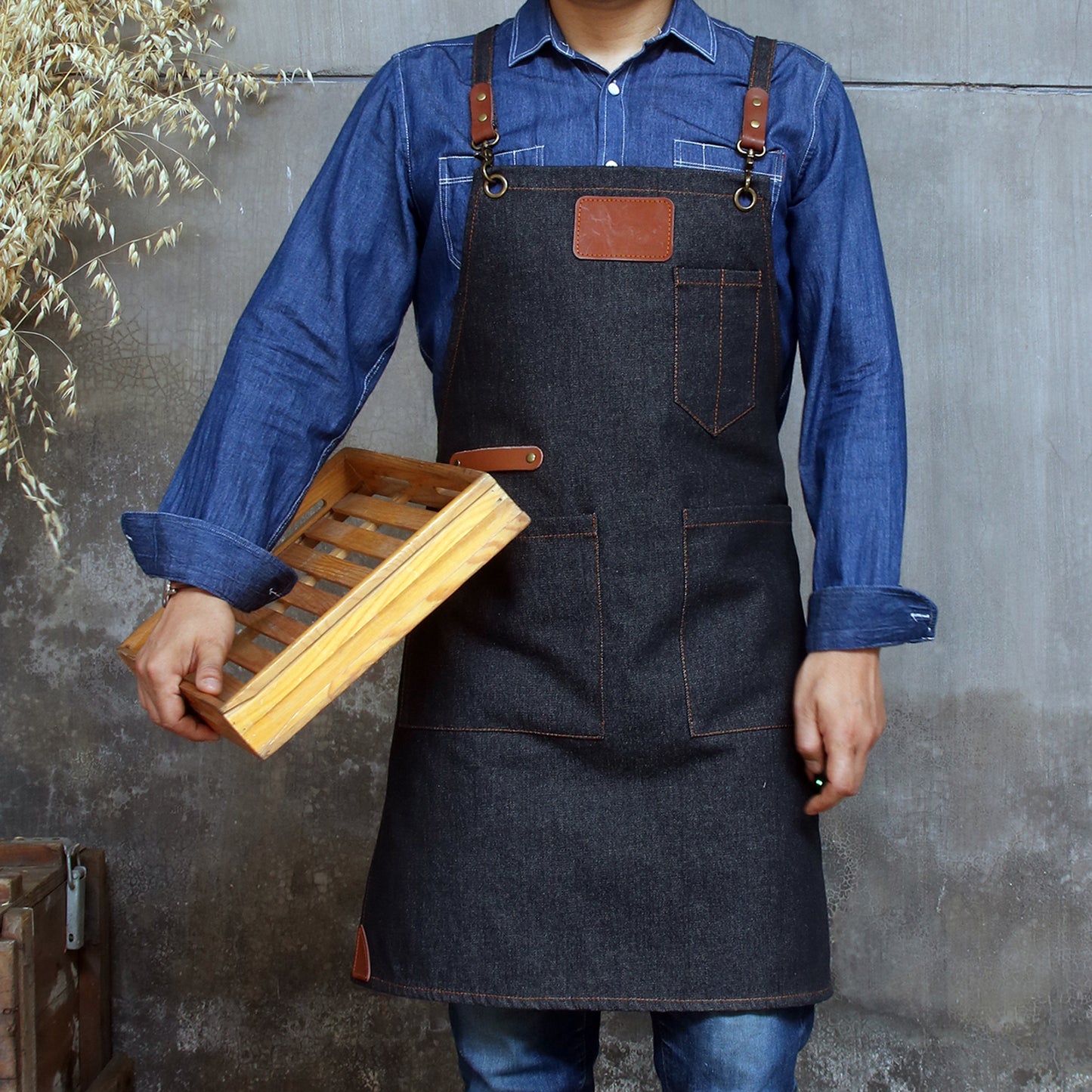NO:2302 Cowboy Men's Apron with Adjustable Shoulder Strap for Restaurant, Cafe, Customized Logo, Blue Denim Black Cowboy Apron double strap