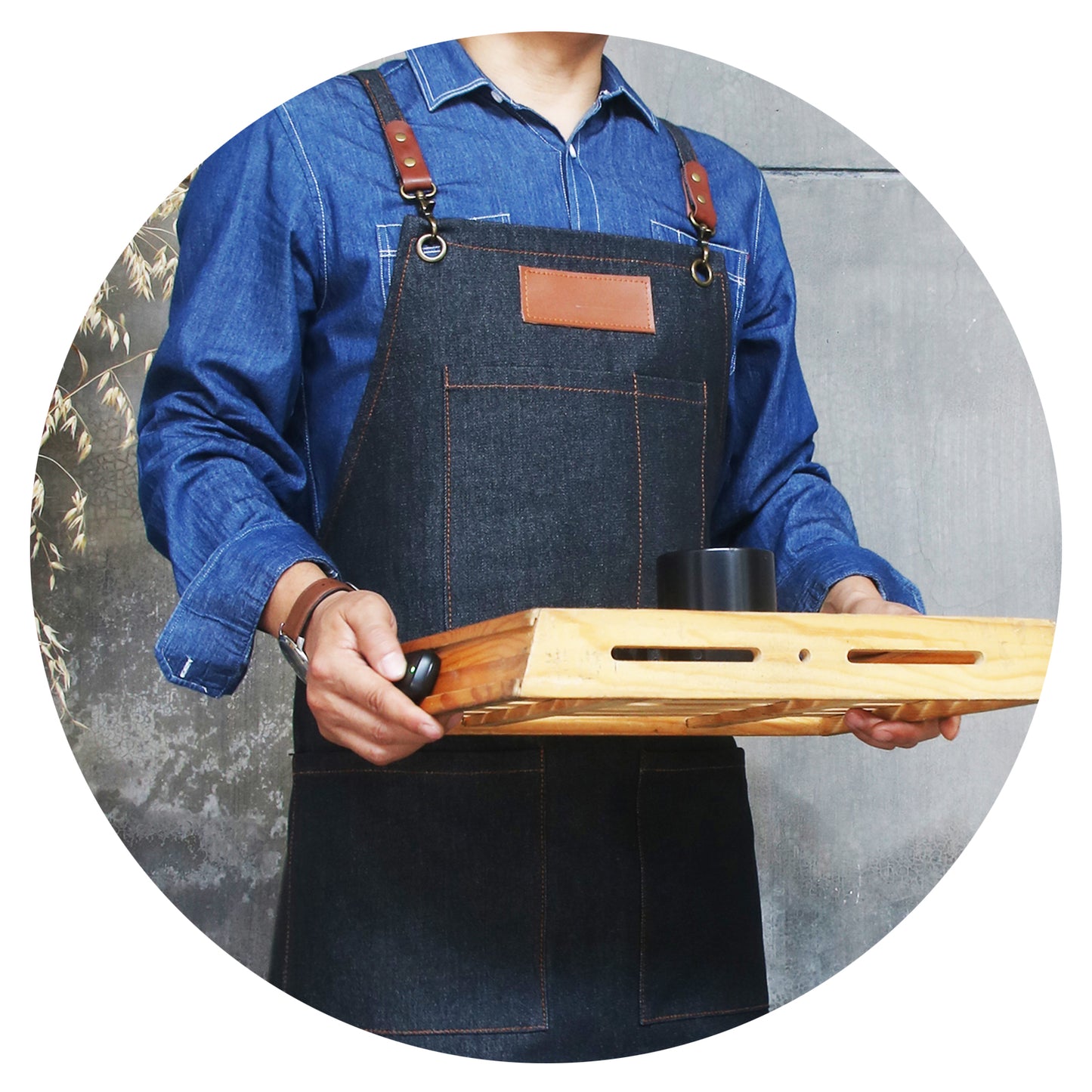 NO:2303 Cowboy Men's Apron with Adjustable Shoulder Strap for Restaurant, Cafe, Customized Logo, Blue Denim Black Cowboy Apron double strap