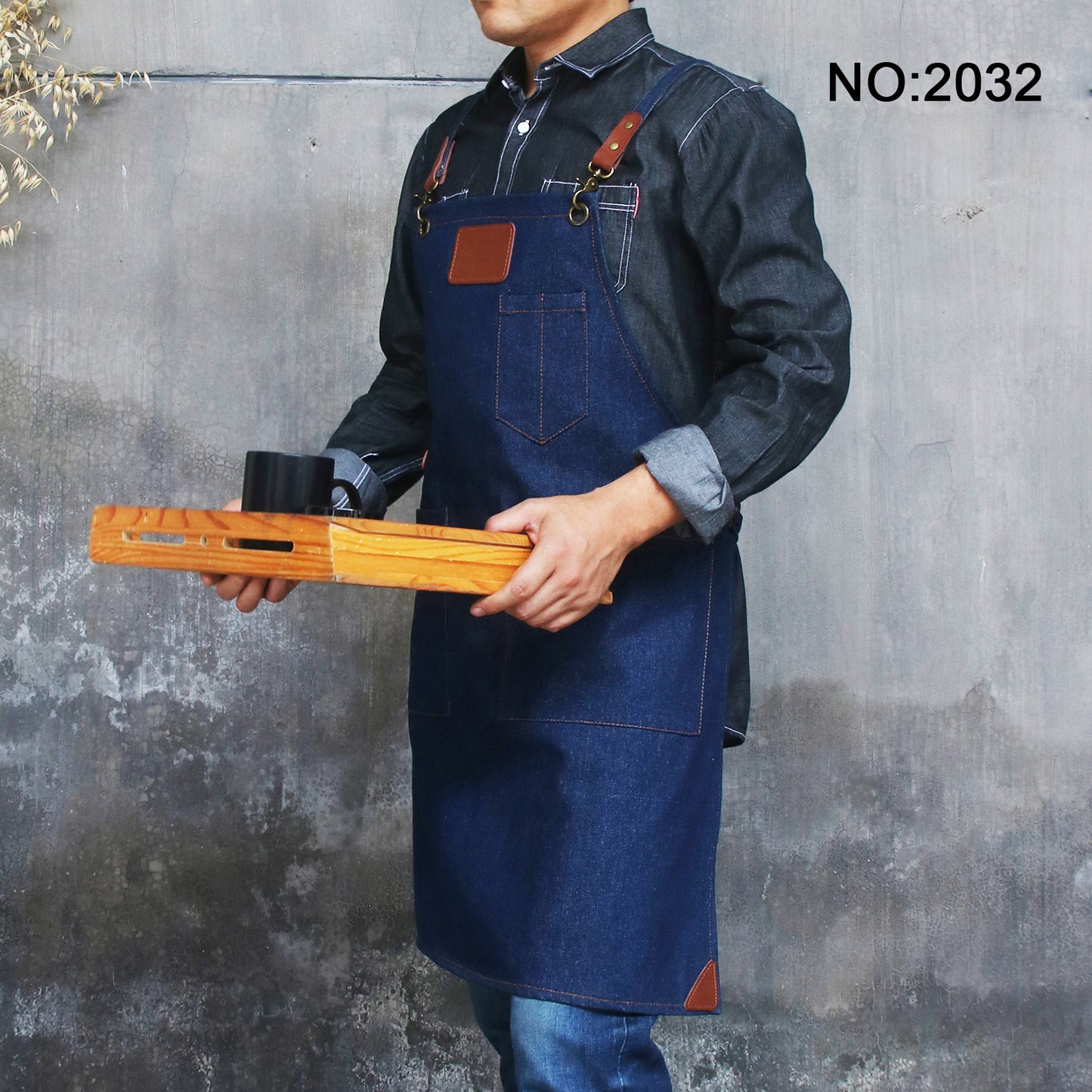 NO:2302 Cowboy Men's Apron with Adjustable Shoulder Strap for Restaurant, Cafe, Customized Logo, Blue Denim Black Cowboy Apron double strap