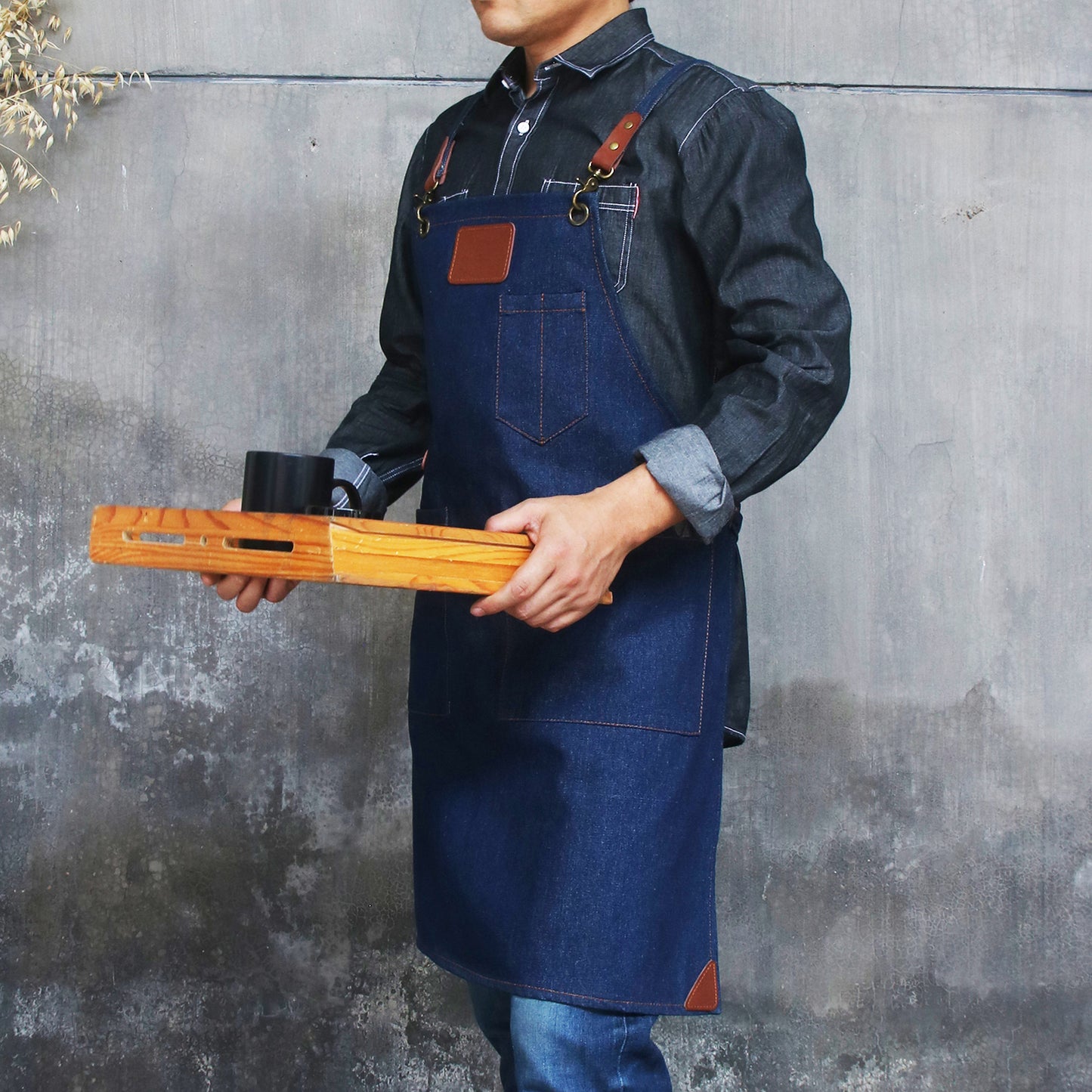 NO:2302 Cowboy Men's Apron with Adjustable Shoulder Strap for Restaurant, Cafe, Customized Logo, Blue Denim Black Cowboy Apron double strap